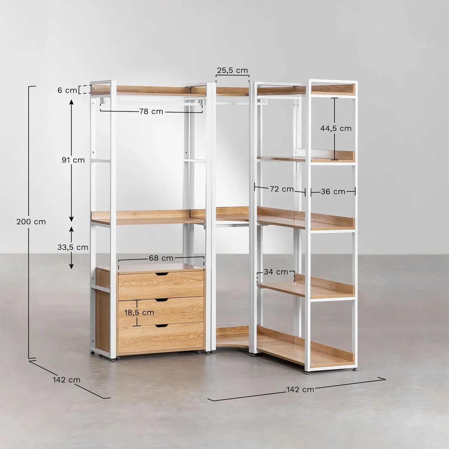 Linea Open Corner Modular Wardrobe with 3 Pieces and Drawers in Steel and Wood - Light White