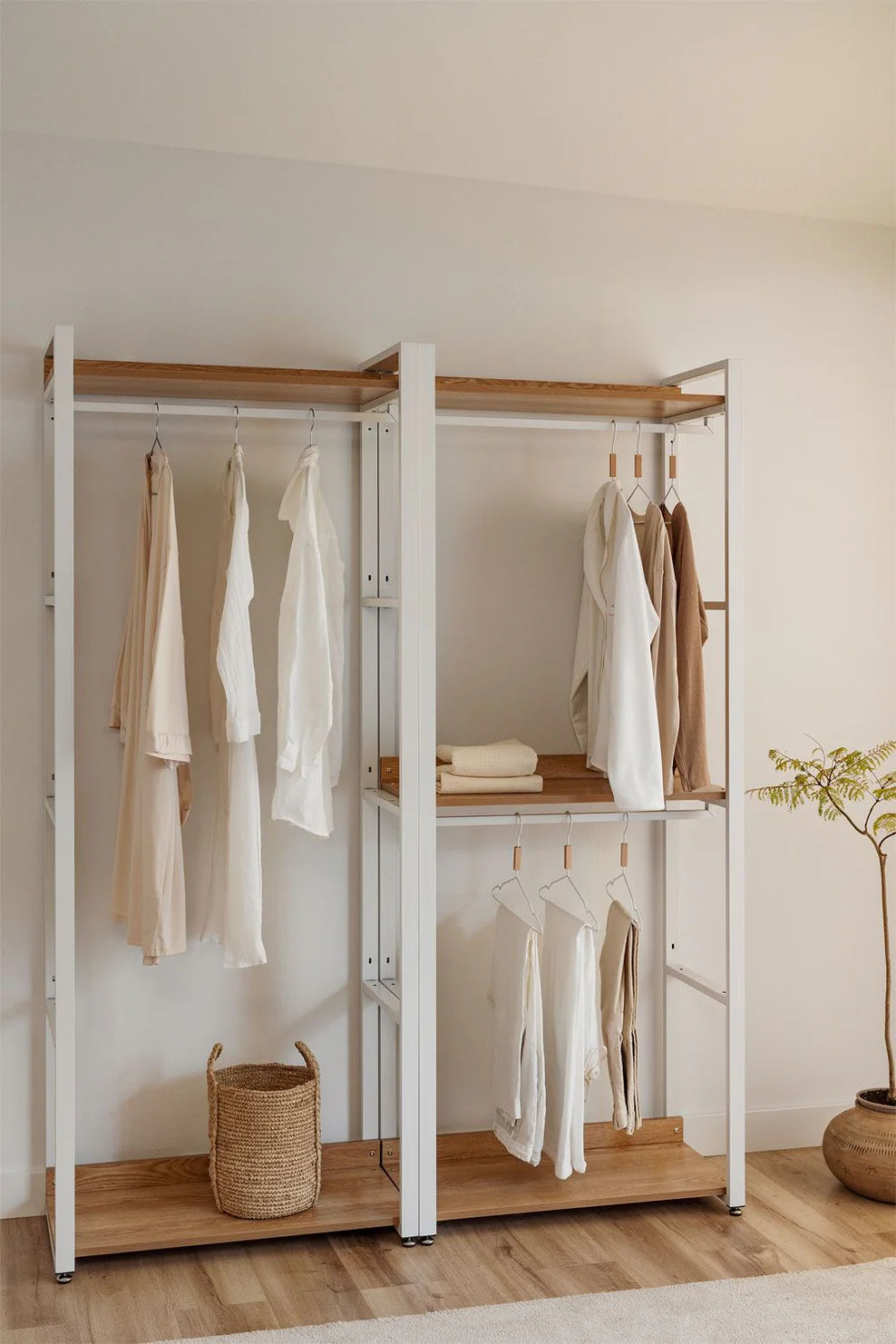 Linea Open Modular Wardrobe 2-Piece with Steel and Wood Rack - Light White