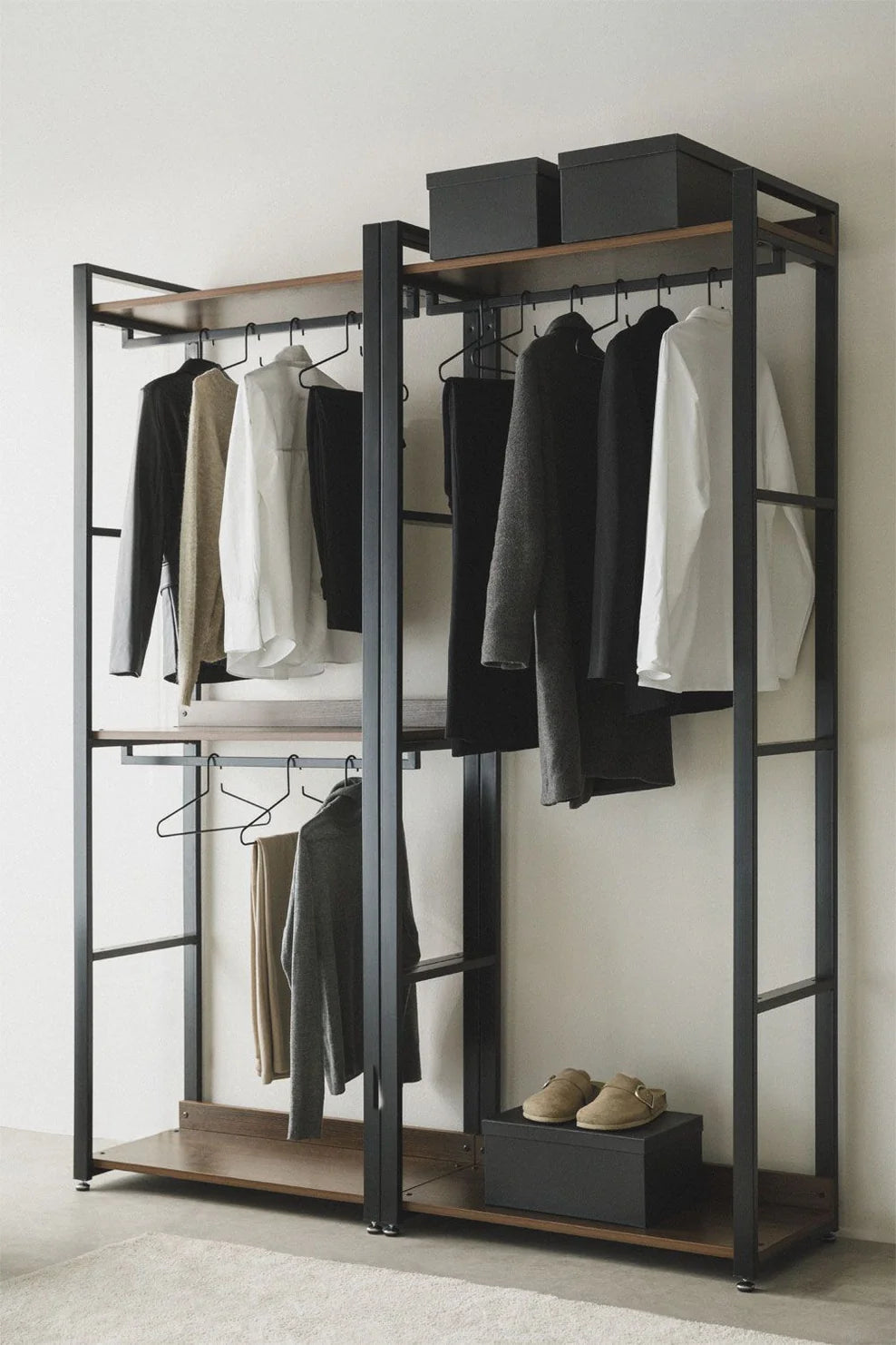 Linea Open Modular Wardrobe 2-Piece with Steel and Wood Rack - Dark Black