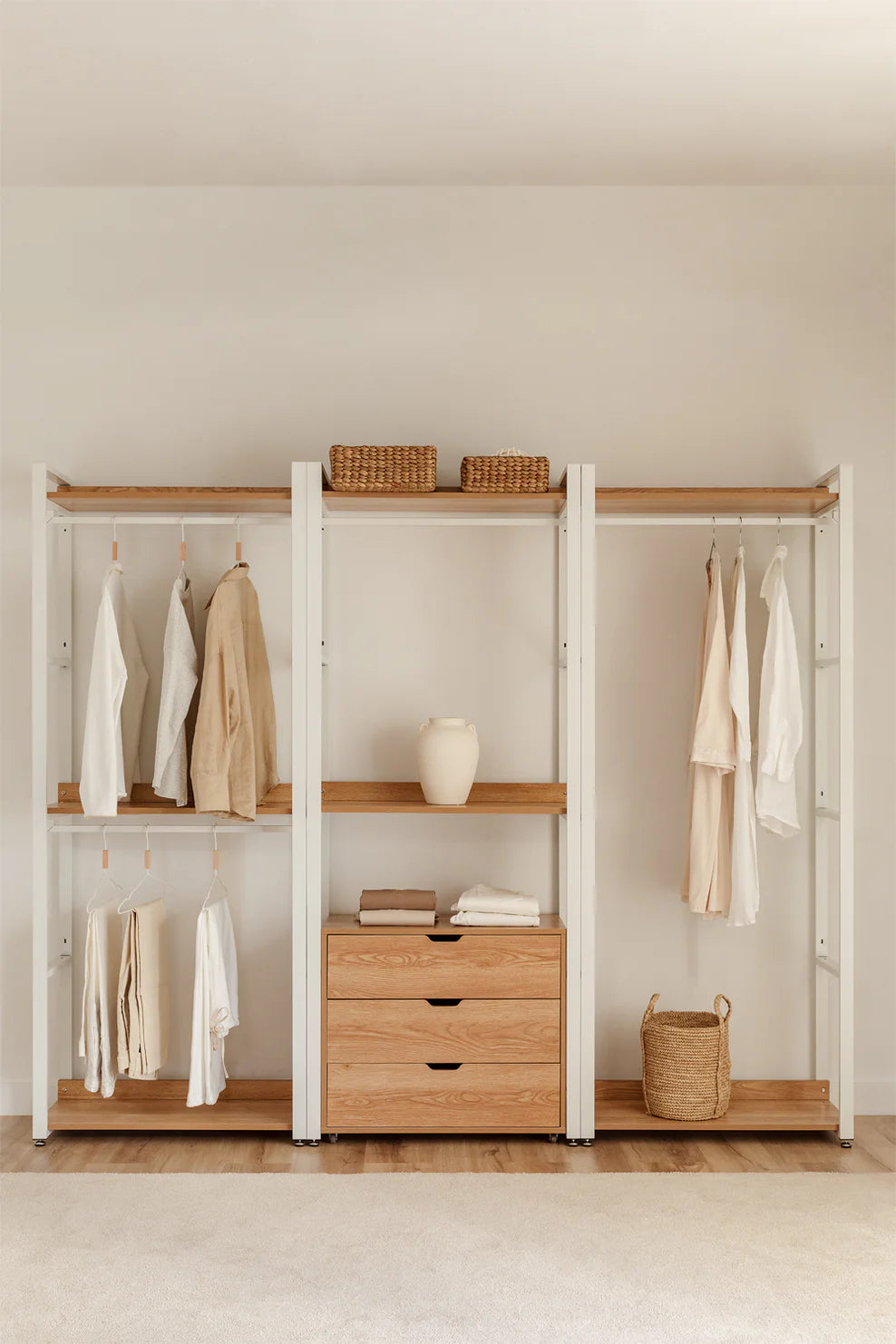 Linea Open Modular Wardrobe with 3 Pieces and Drawers in Steel and Wood - Light White