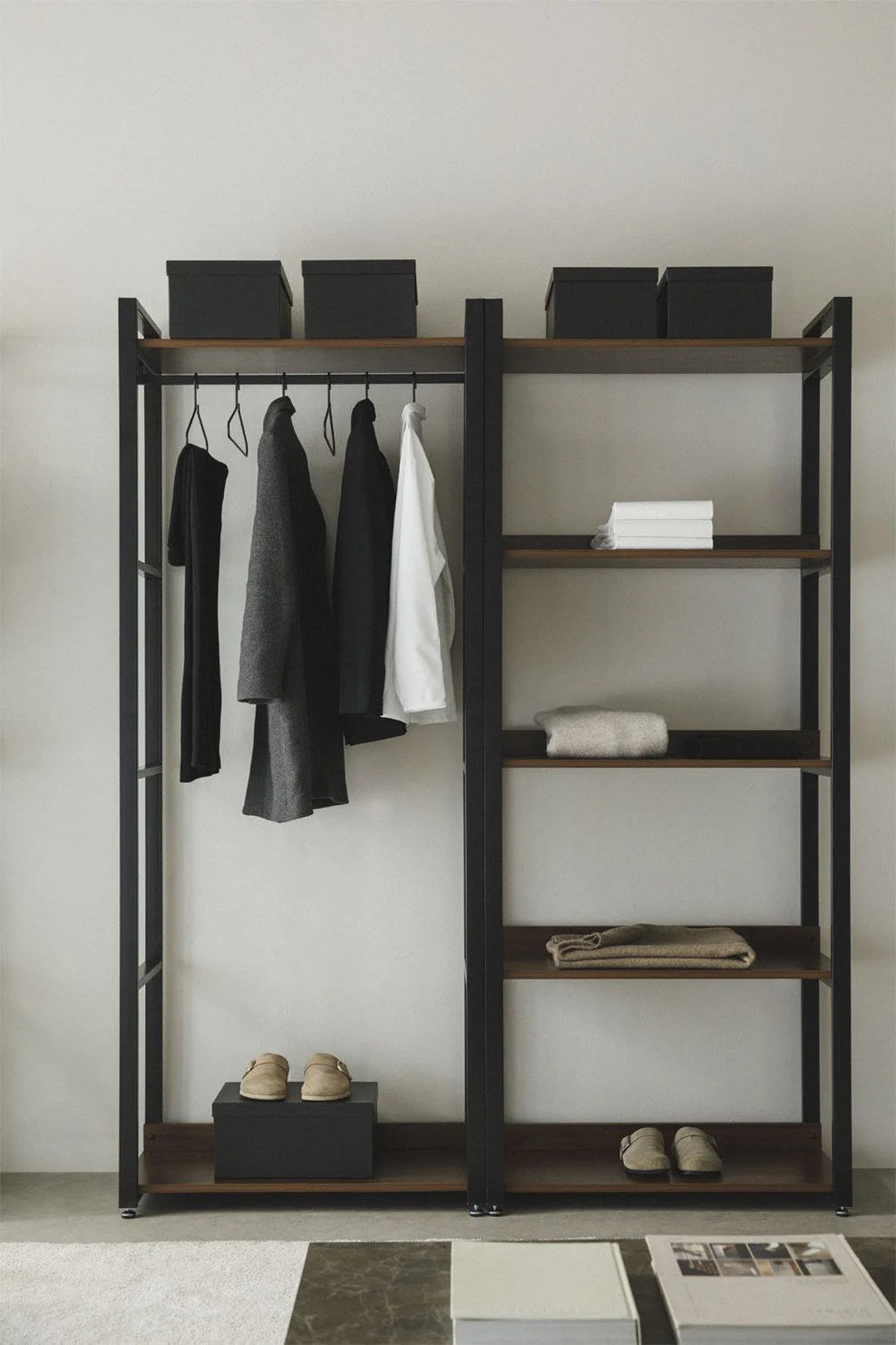 Linea Open Modular Wardrobe 2-Piece with Clothes Rack and Shelf in Steel and Wood - Dark Black