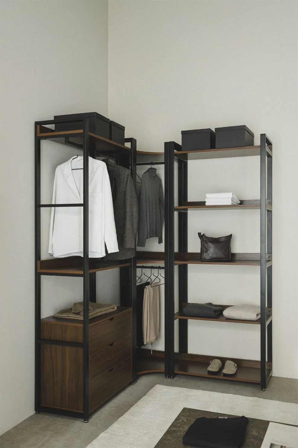 Linea Open Corner Modular Wardrobe with 3 Pieces and Drawers in Steel and Wood - Dark Black