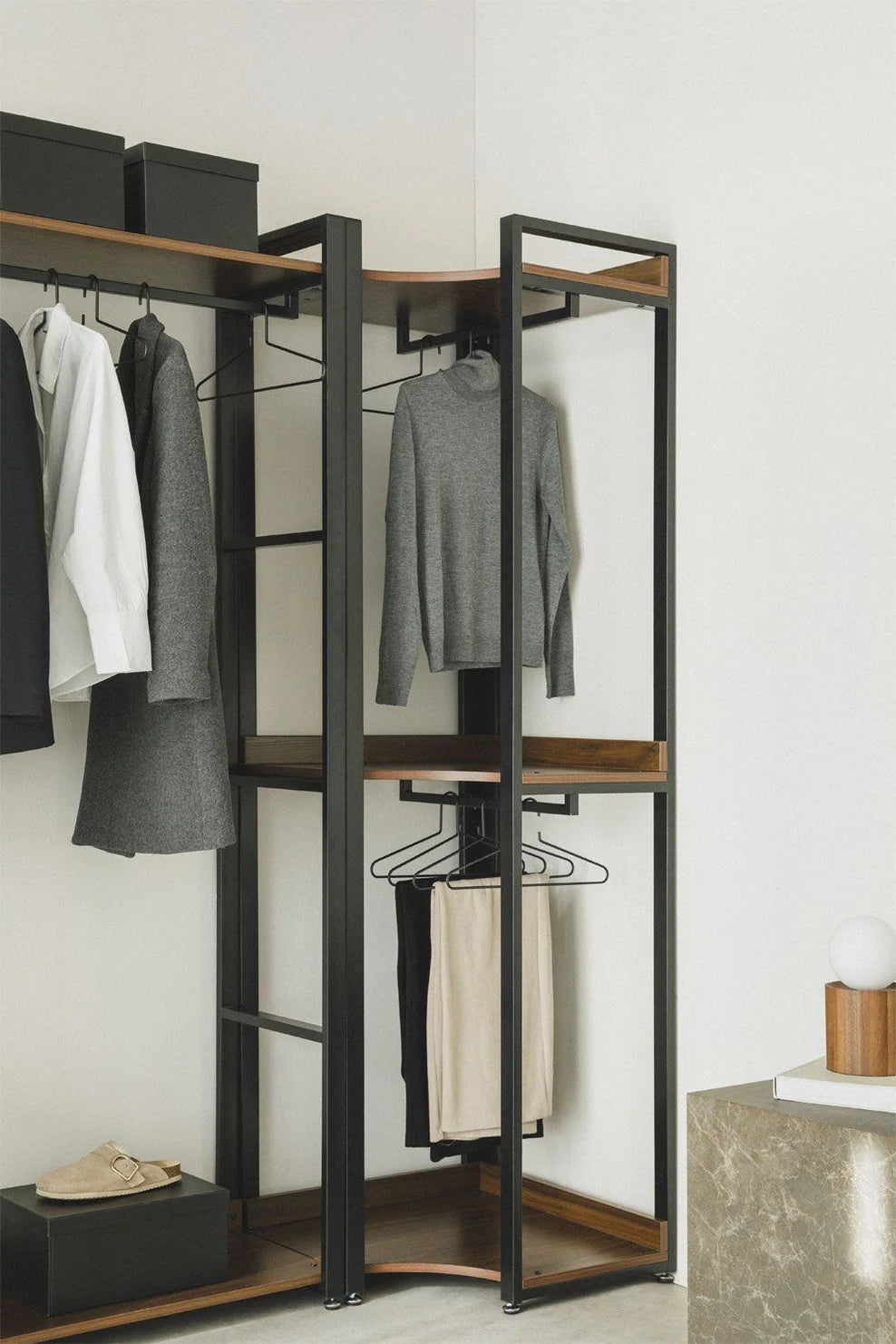Linea Open Corner Wardrobe in Steel and Wood - Dark Black