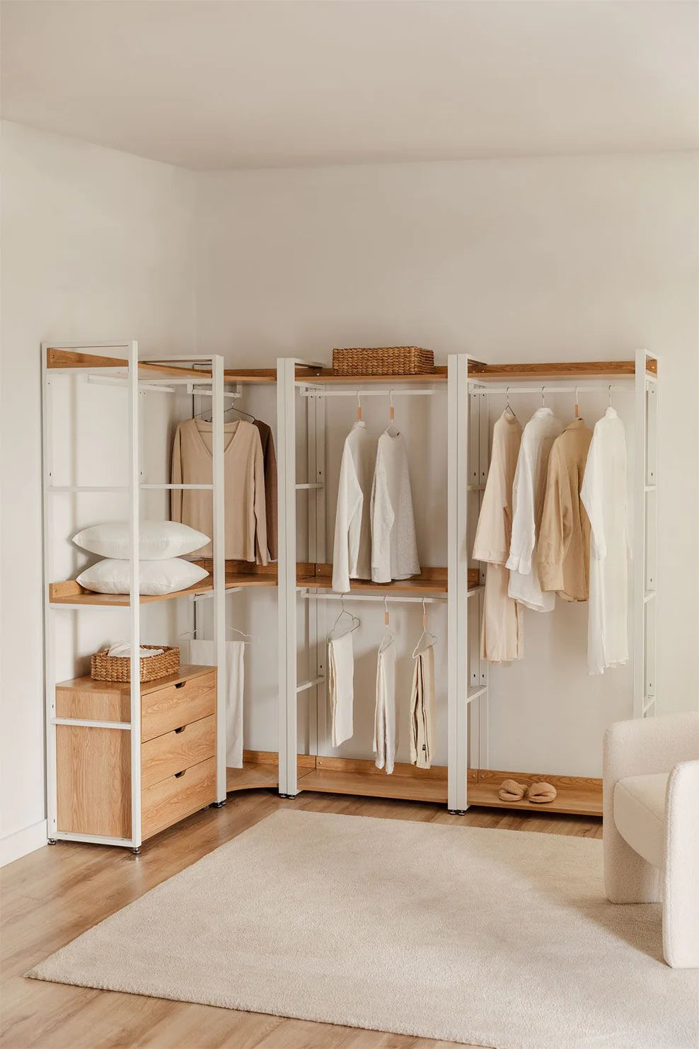 Linea Open Corner Modular Wardrobe with 4 Pieces in Steel and Wood - Light White