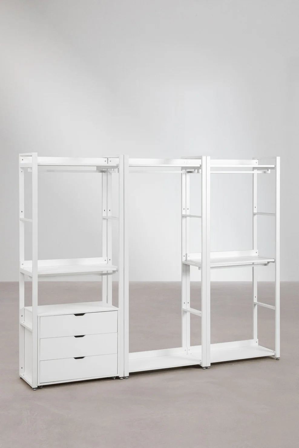 Linea Open Modular Wardrobe with 3 Pieces and Drawers in Steel and Wood - Whity