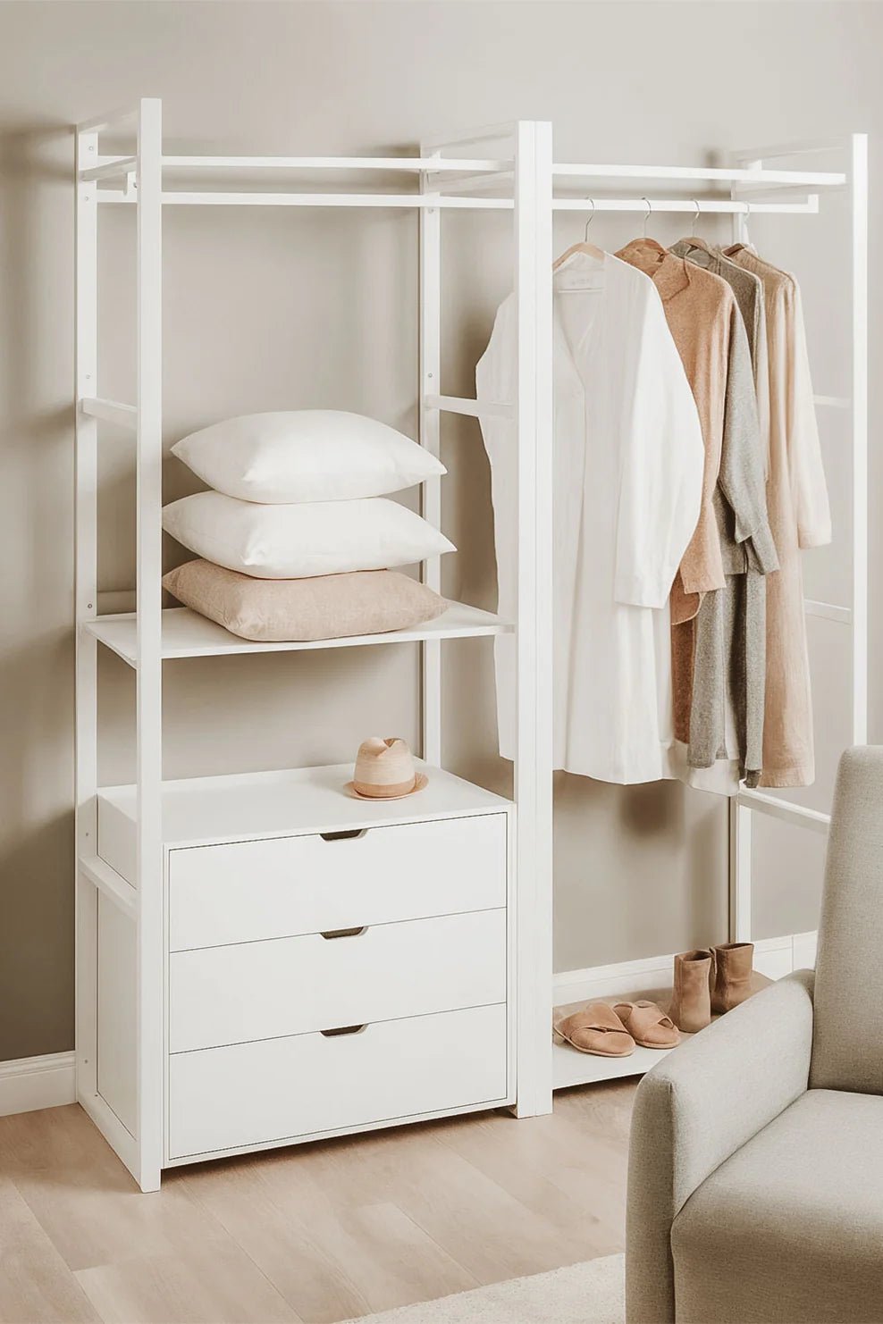 Linea Open Modular Wardrobe 2-Piece with Clothes Rack and Drawers in Steel and Wood - Whity