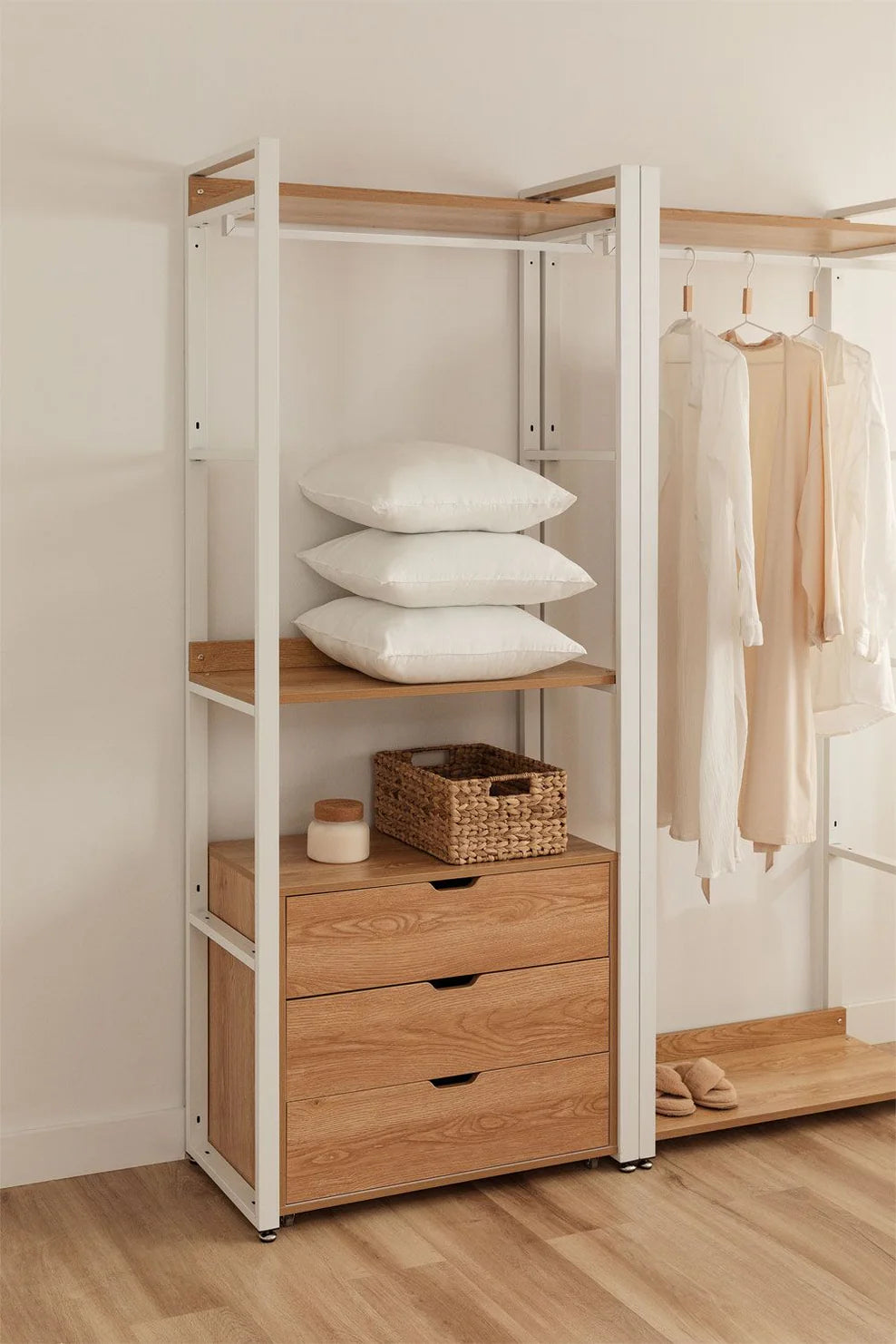 Linea Open Wardrobe with Steel and Wood Drawers - Light White
