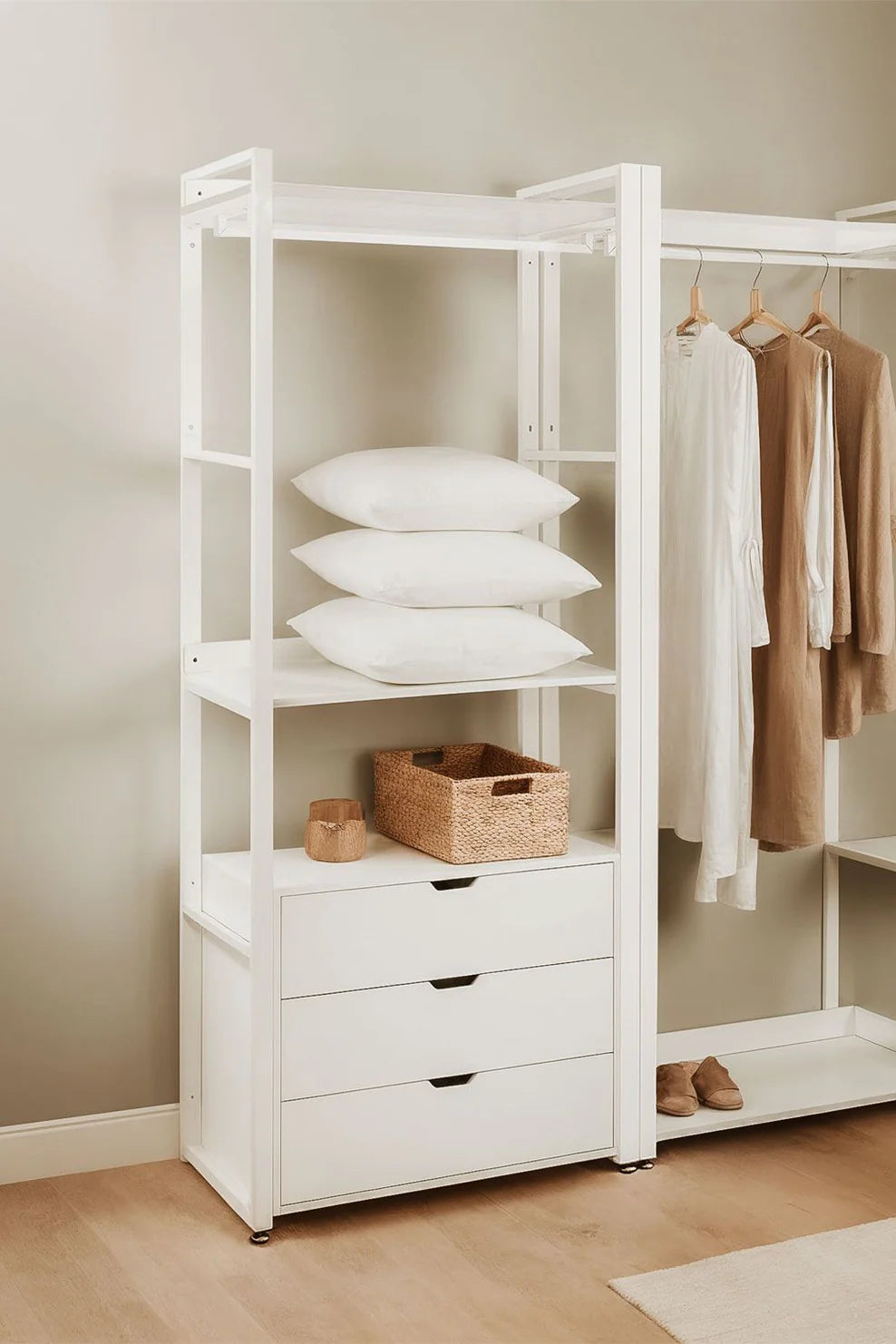 Linea Open Wardrobe with Steel and Wood Drawers - Whity