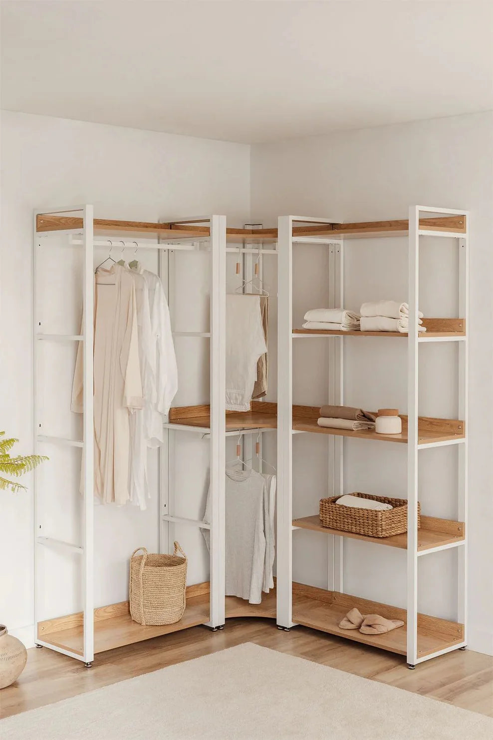 Linea Open Corner Modular Wardrobe 3-Piece with Steel and Wood Clothes Rack - Light White