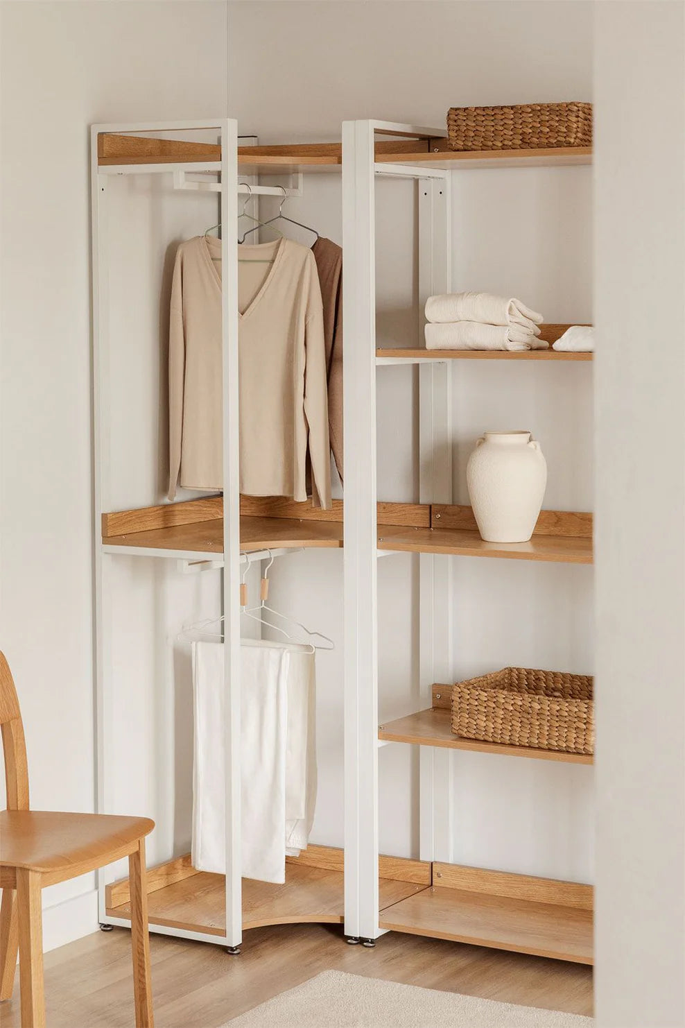 Linea Open Corner Wardrobe in Steel and Wood - Light White