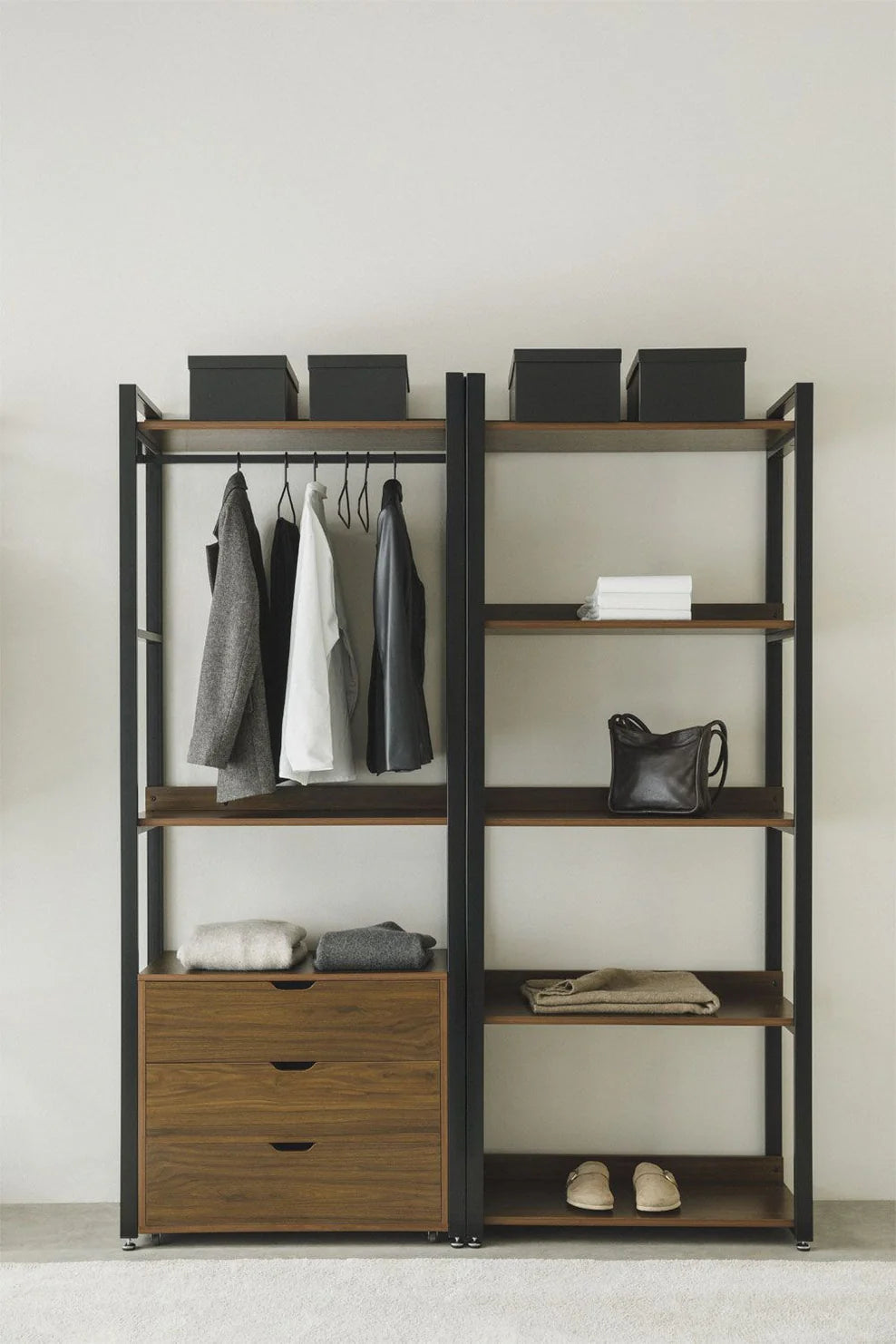 Linea Open Modular Wardrobe 2-Piece with Drawers and Shelving in Steel and Wood - Dark Black
