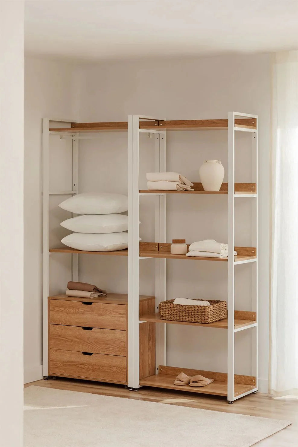 Linea Open Modular Wardrobe 2-Piece with Drawers and Shelving in Steel and Wood - Light White