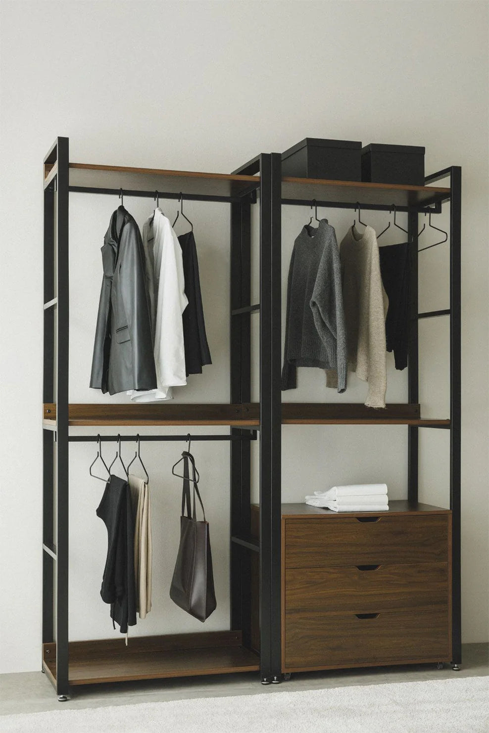 Linea Open Modular Wardrobe 2-Piece with Steel and Wood Drawers - Dark Black