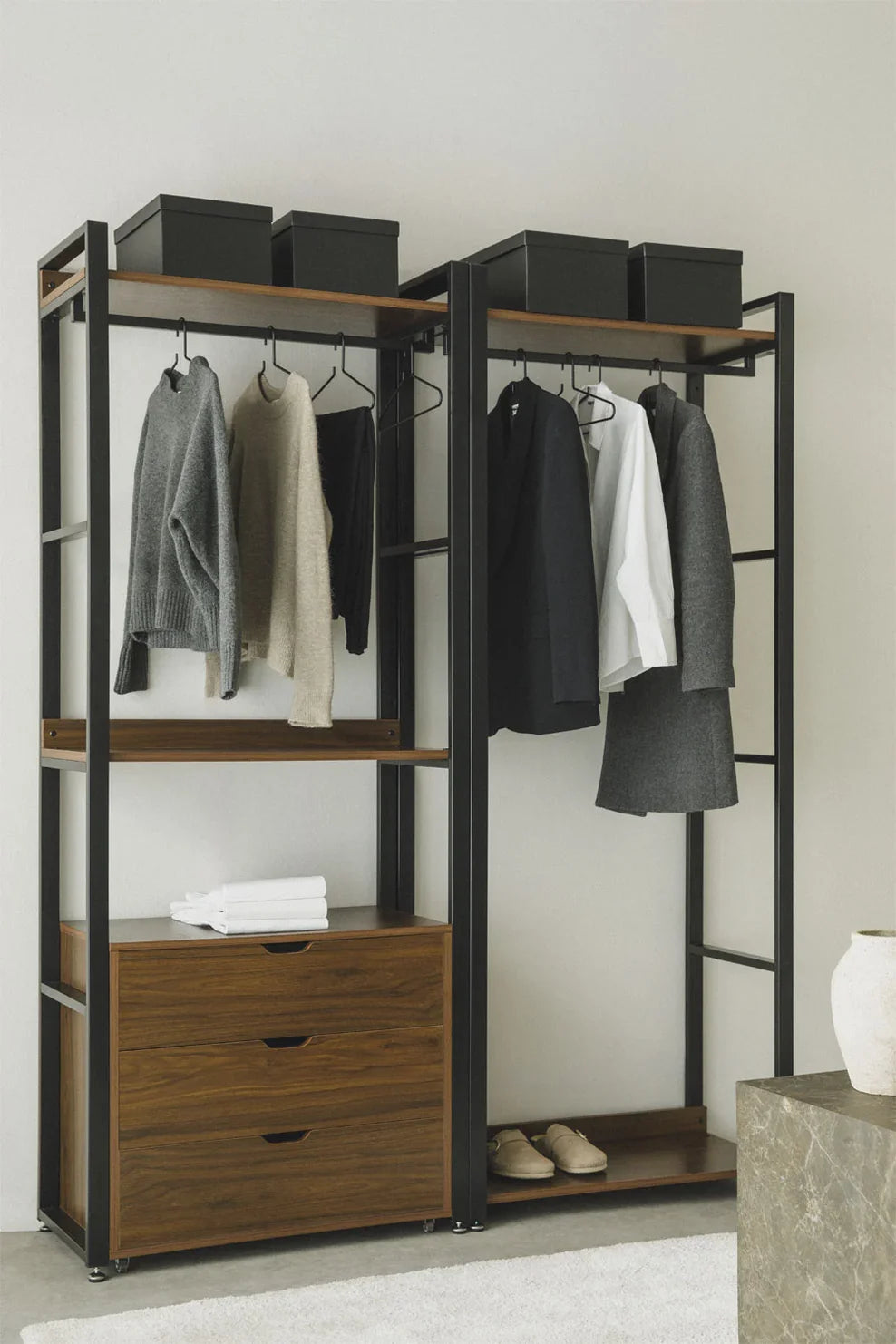 Linea Open Modular Wardrobe 2-Piece with Clothes Rack and Drawers in Steel and Wood - Dark Black