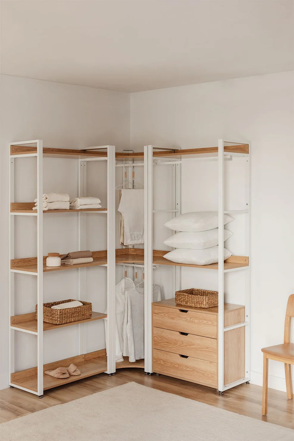 Linea Open Corner Modular Wardrobe with 3 Pieces and Drawers in Steel and Wood - Light White