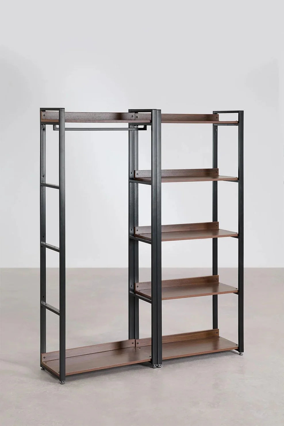 Linea Open Modular Wardrobe 2-Piece with Clothes Rack and Shelf in Steel and Wood - Dark Black