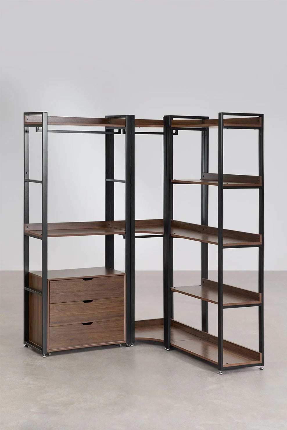 Linea Open Corner Modular Wardrobe with 3 Pieces and Drawers in Steel and Wood - Dark Black