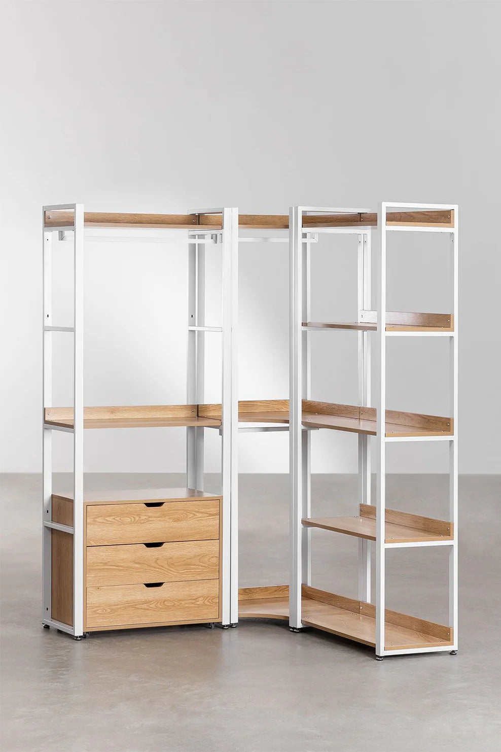 Linea Open Corner Modular Wardrobe with 3 Pieces and Drawers in Steel and Wood - Light White