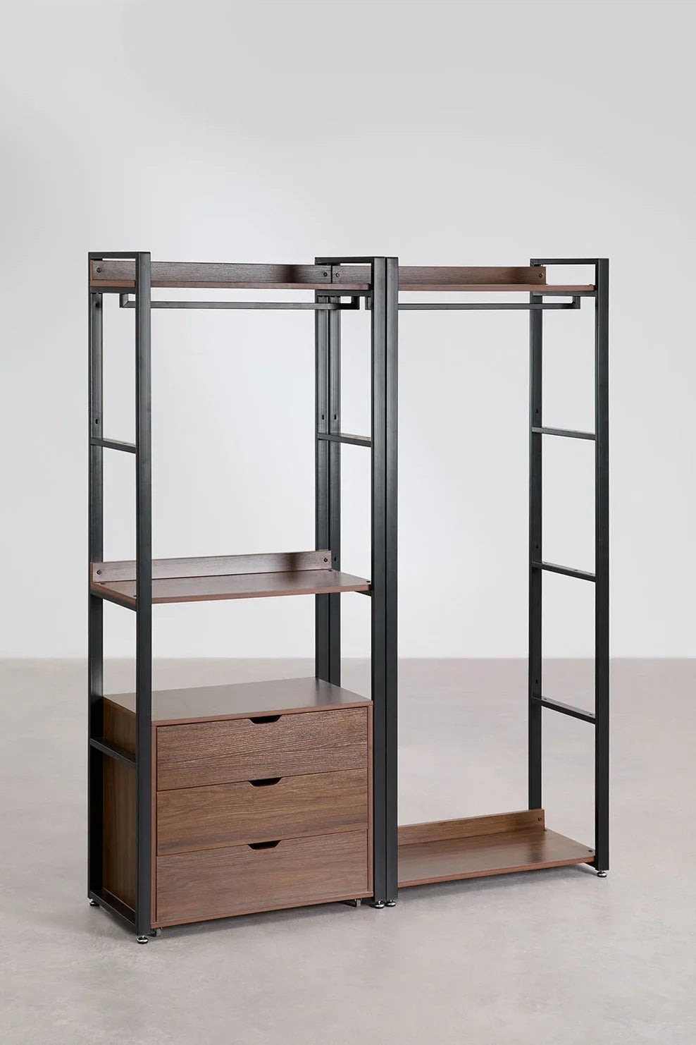 Linea Open Modular Wardrobe 2-Piece with Clothes Rack and Drawers in Steel and Wood - Dark Black