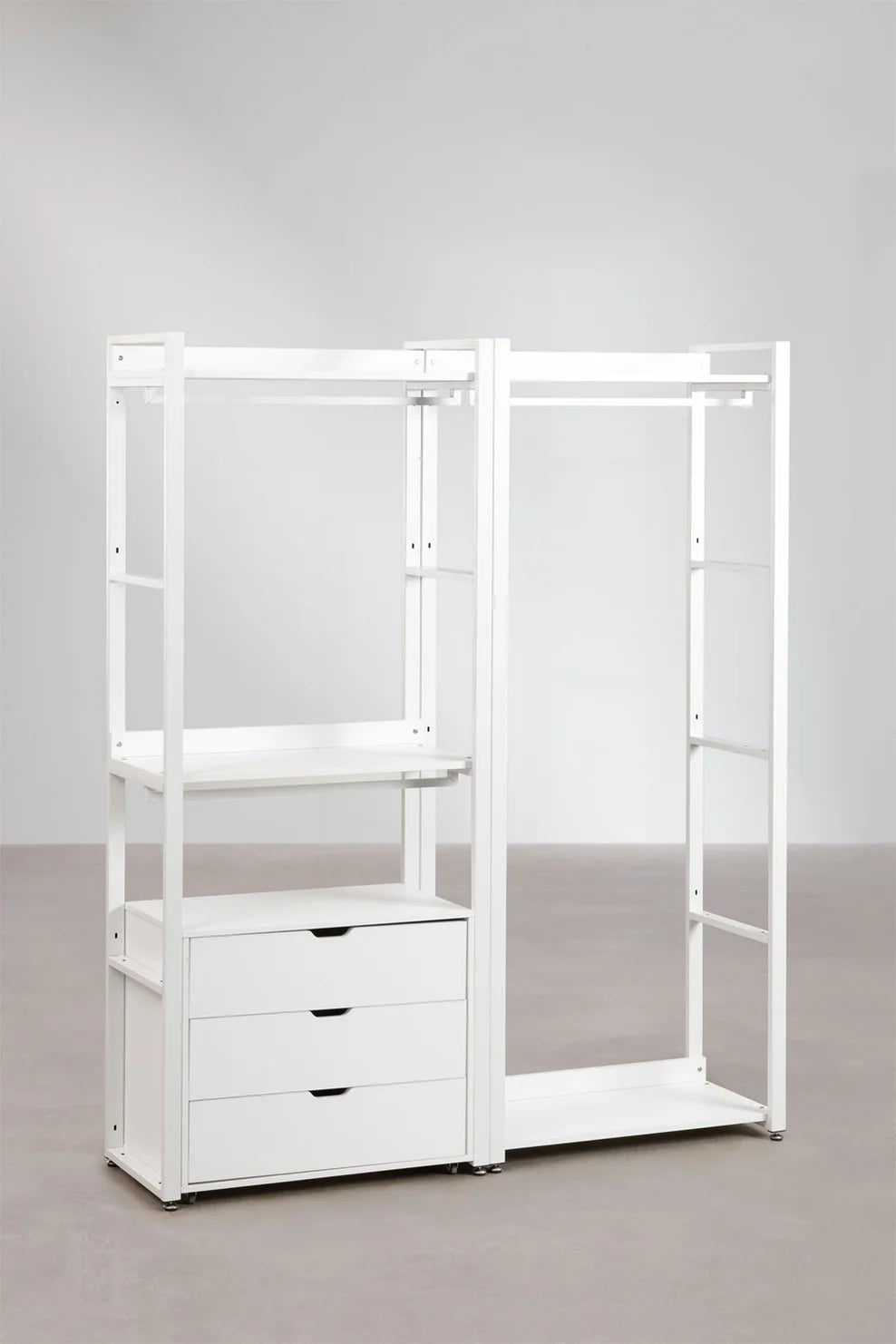 Linea Open Modular Wardrobe 2-Piece with Clothes Rack and Drawers in Steel and Wood - Whity