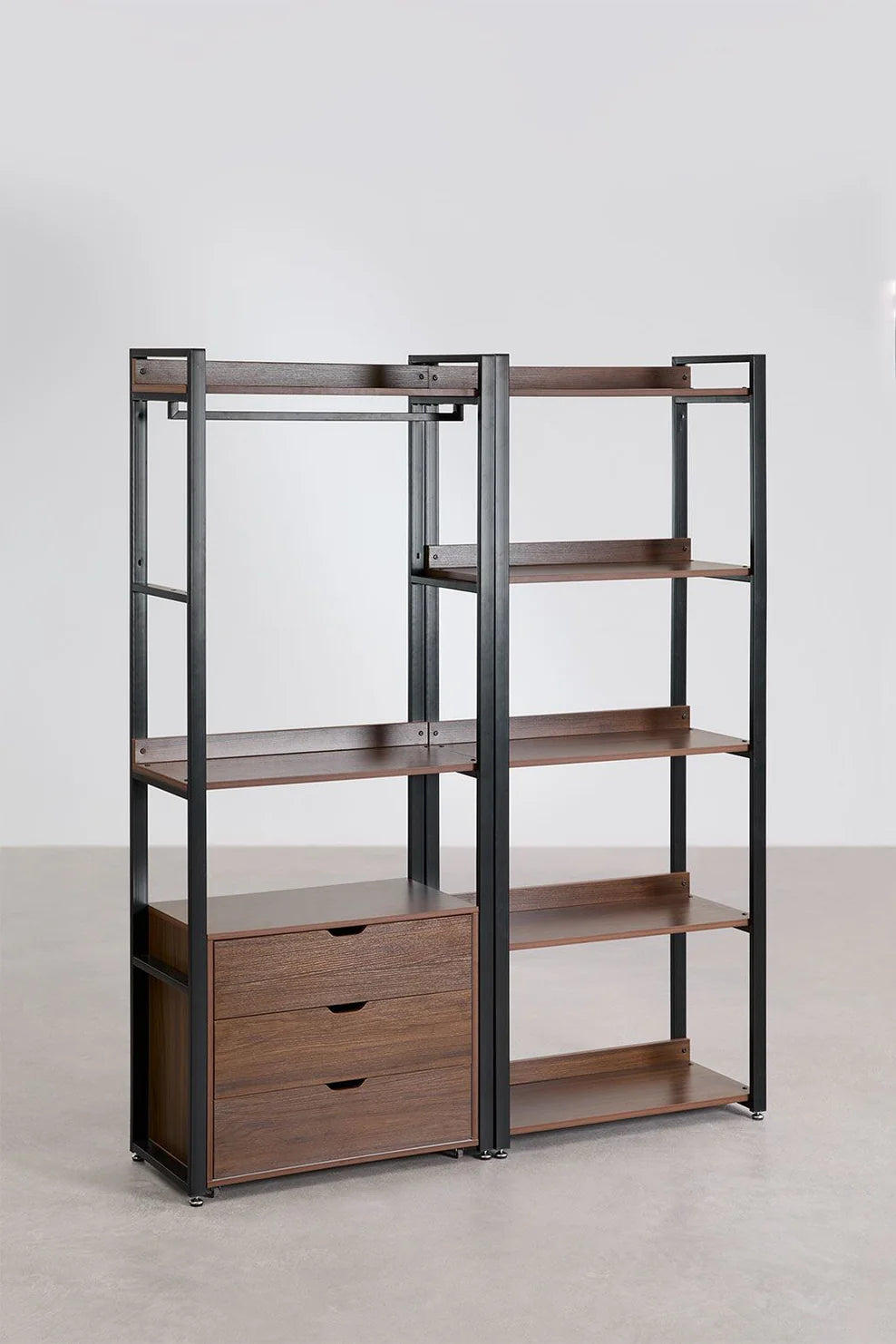 Linea Open Modular Wardrobe 2-Piece with Drawers and Shelving in Steel and Wood - Dark Black