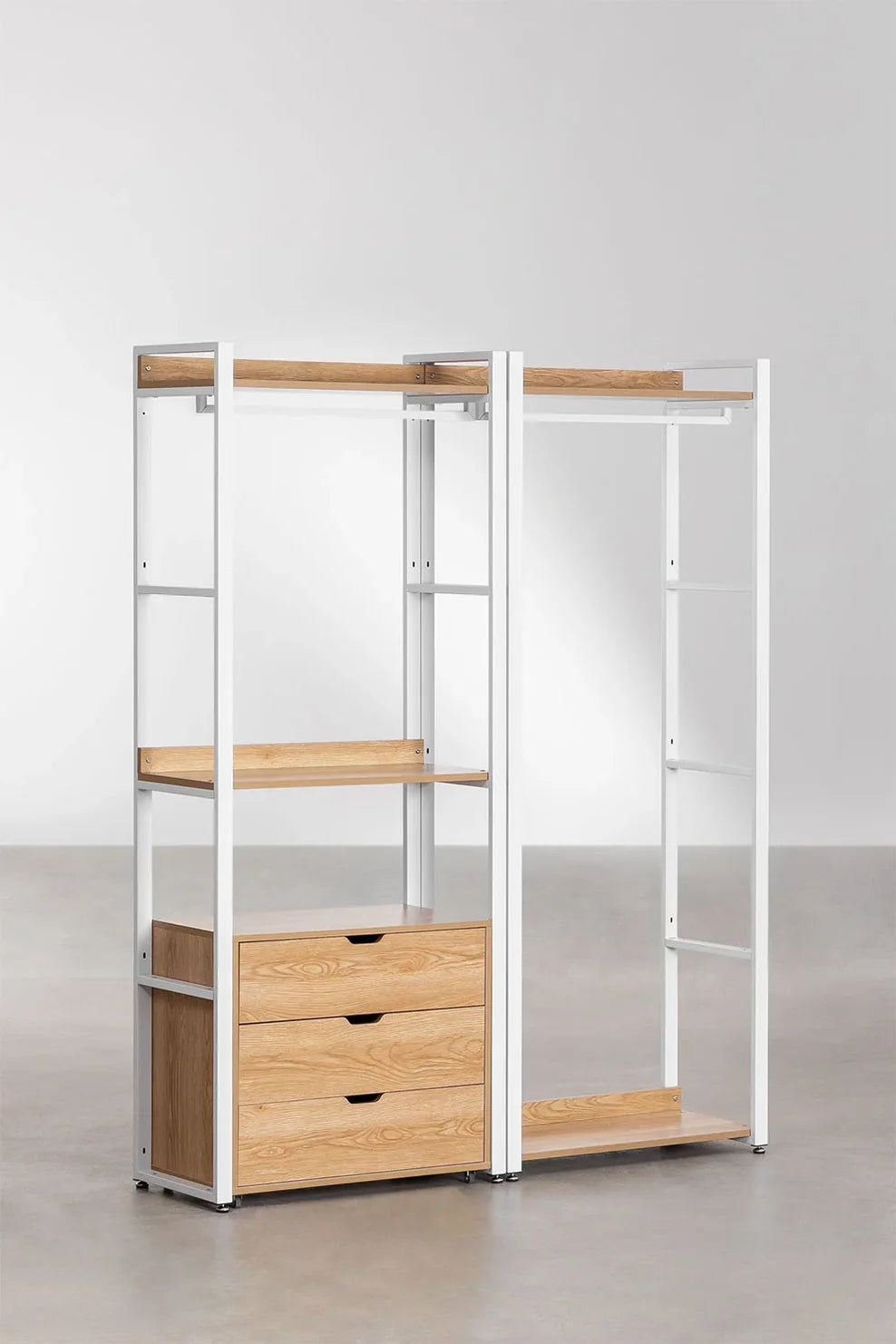 Linea Open Modular Wardrobe 2-Piece with Clothes Rack and Drawers in Steel and Wood - Light White