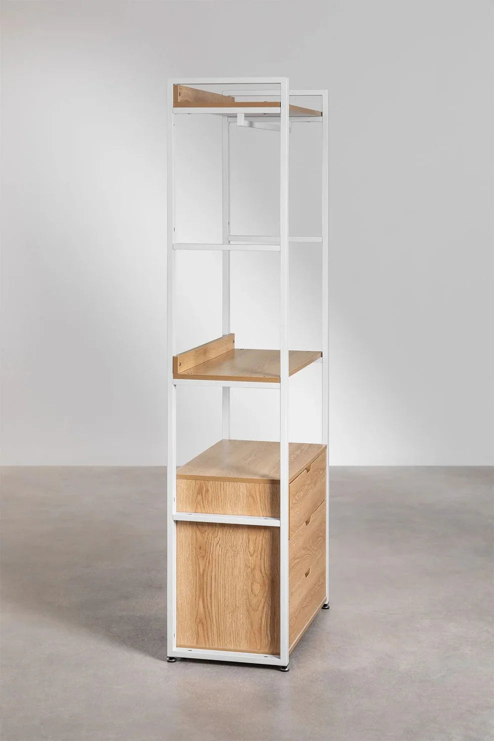 Linea Open Wardrobe with Steel and Wood Drawers - Light White
