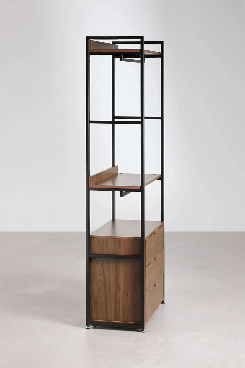 Linea Open Wardrobe with Steel and Wood Drawers - Dark Black