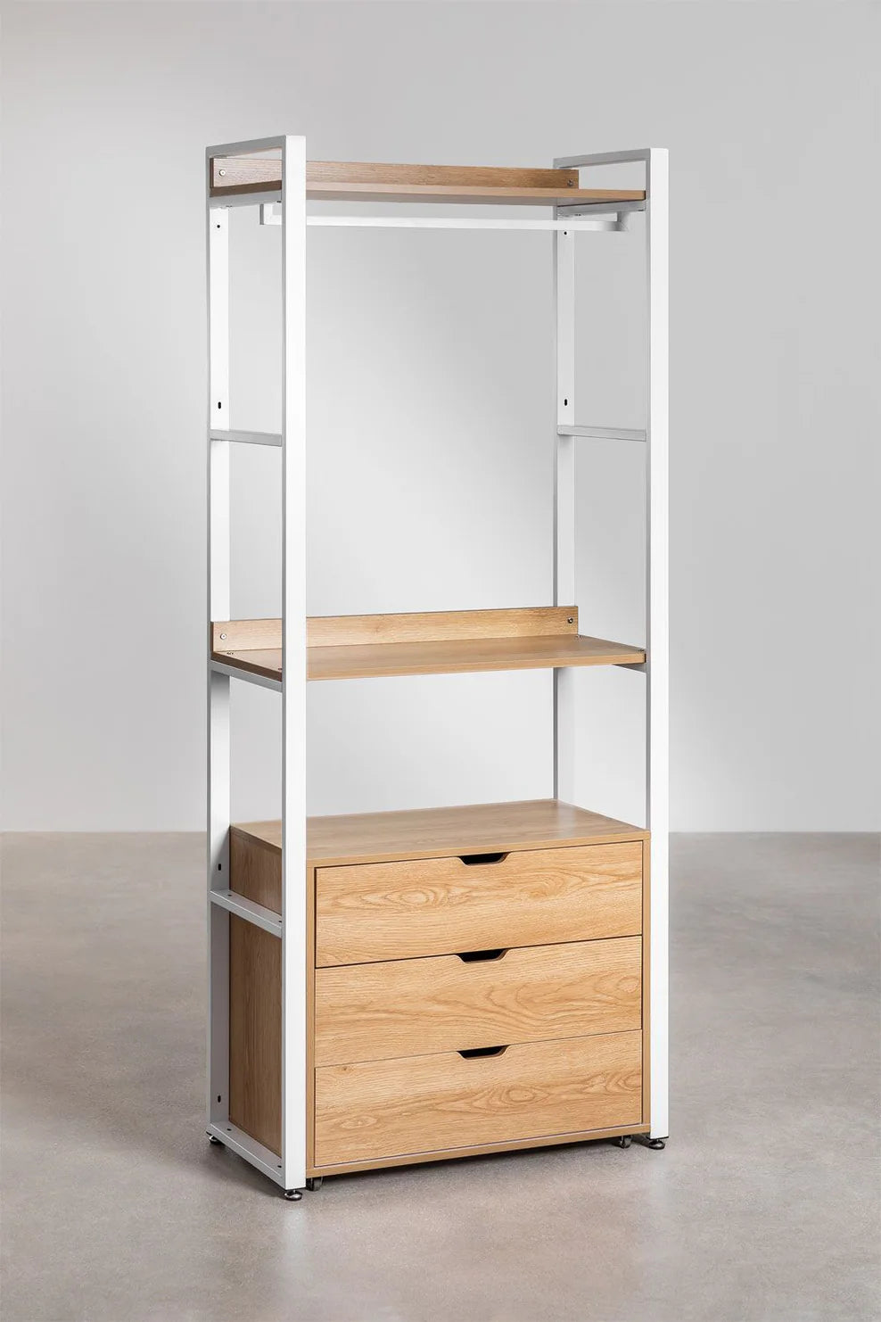 Linea Open Corner Modular Wardrobe with 3 Pieces and Drawers in Steel and Wood - Light White