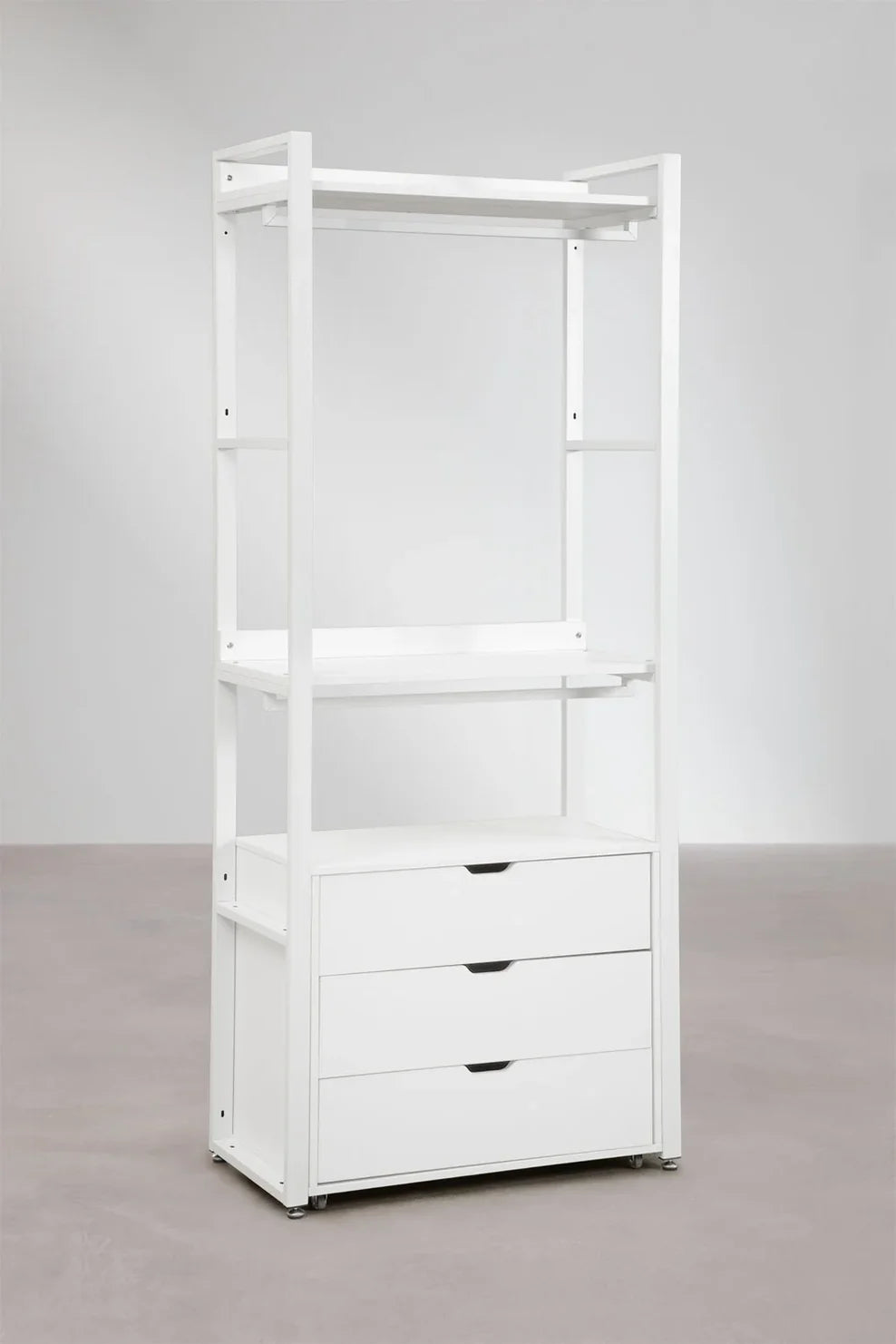 Linea Open Modular Wardrobe with 3 Pieces and Drawers in Steel and Wood - Whity