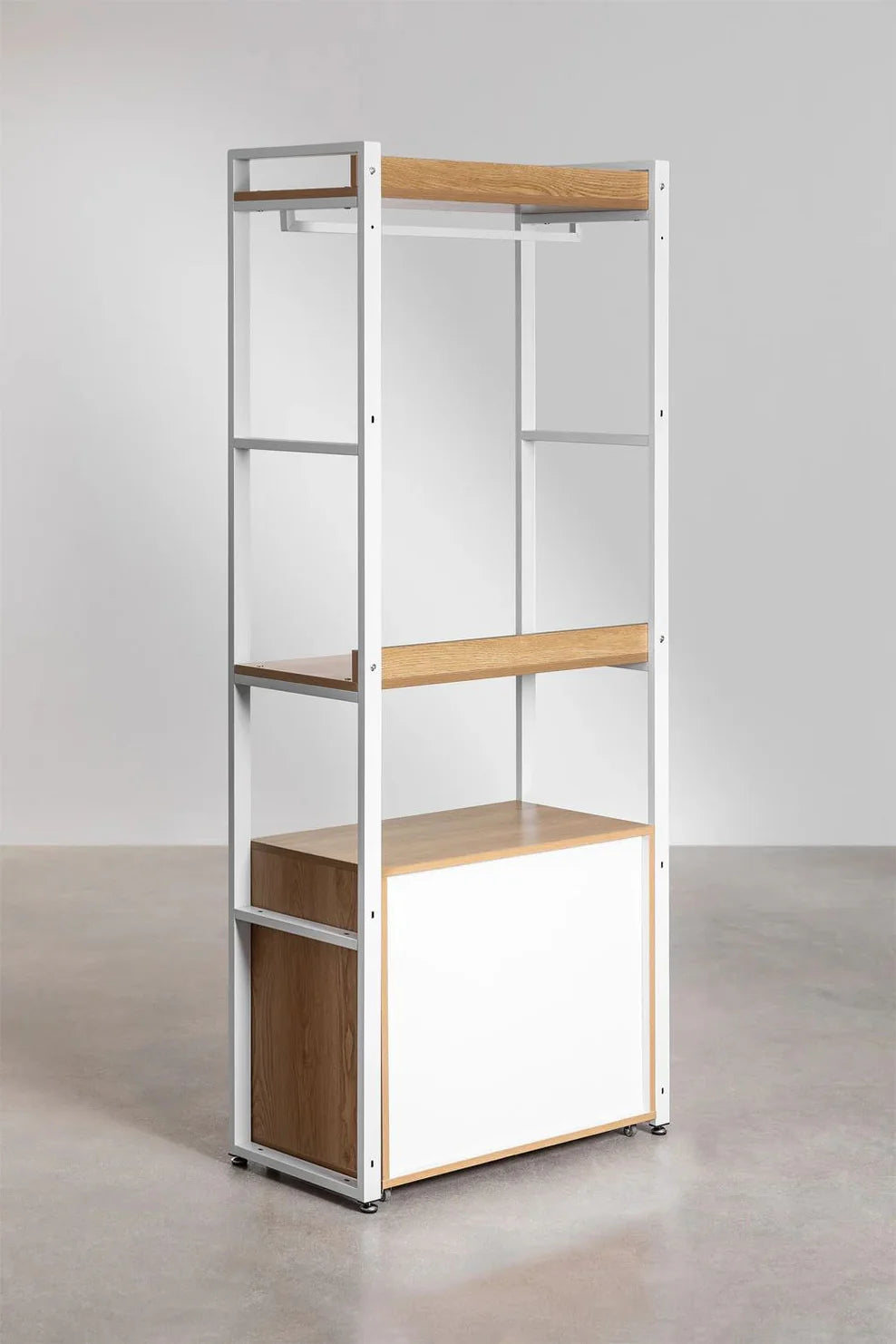 Linea Open Wardrobe with Steel and Wood Drawers - Light White