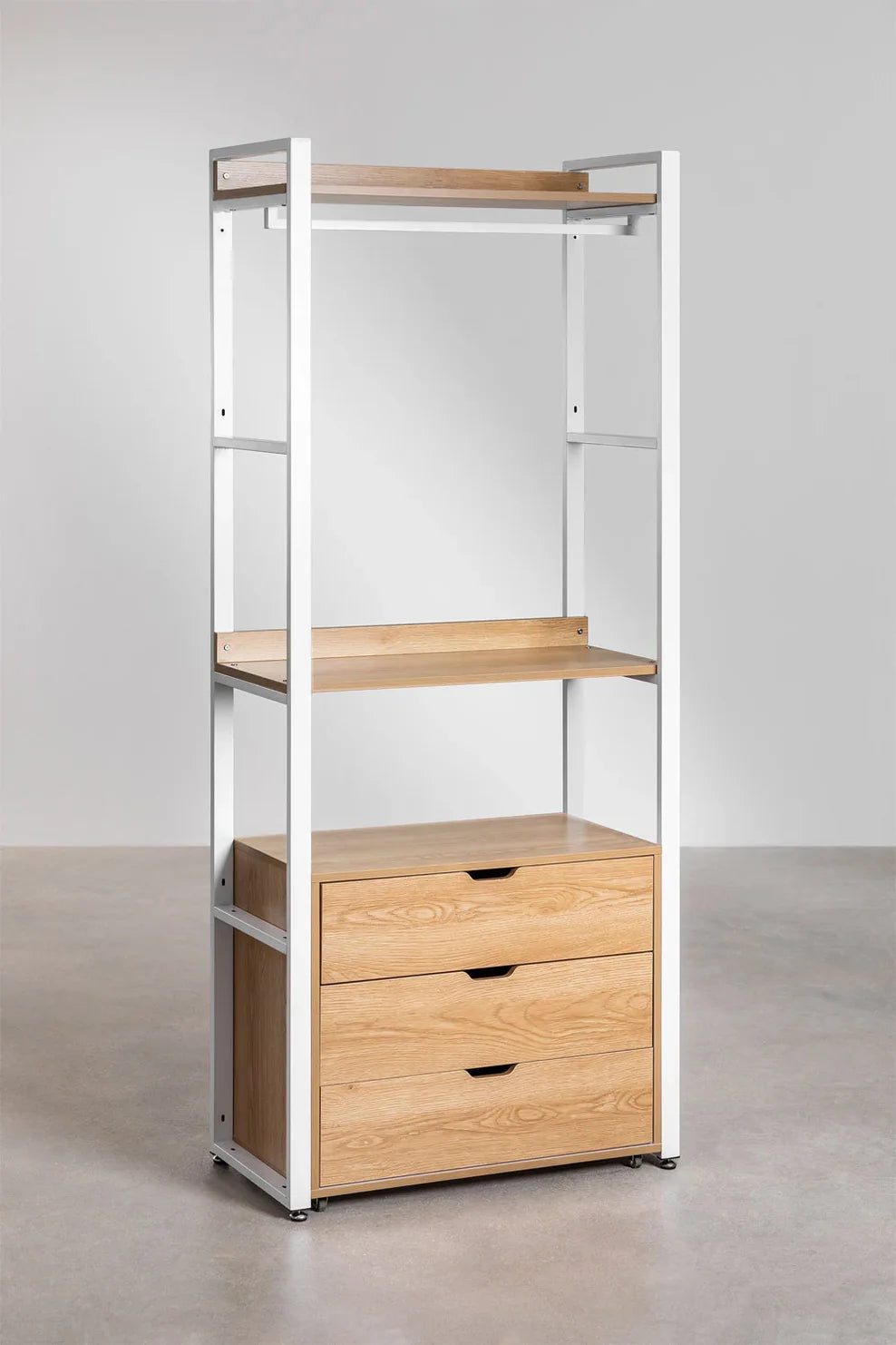 Linea Open Modular Wardrobe with 3 Pieces and Drawers in Steel and Wood - Light White