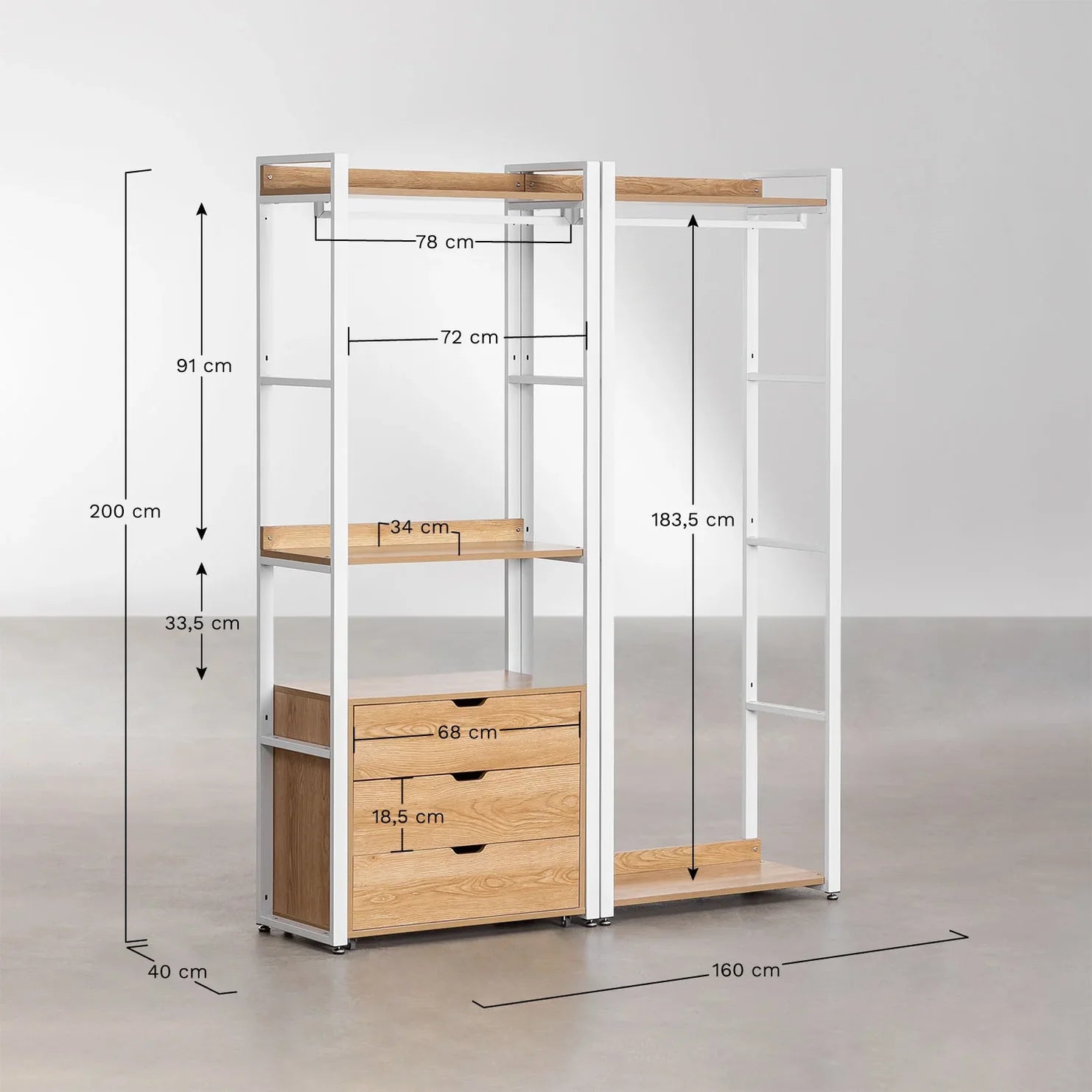Linea Open Modular Wardrobe 2-Piece with Clothes Rack and Drawers in Steel and Wood - Light White