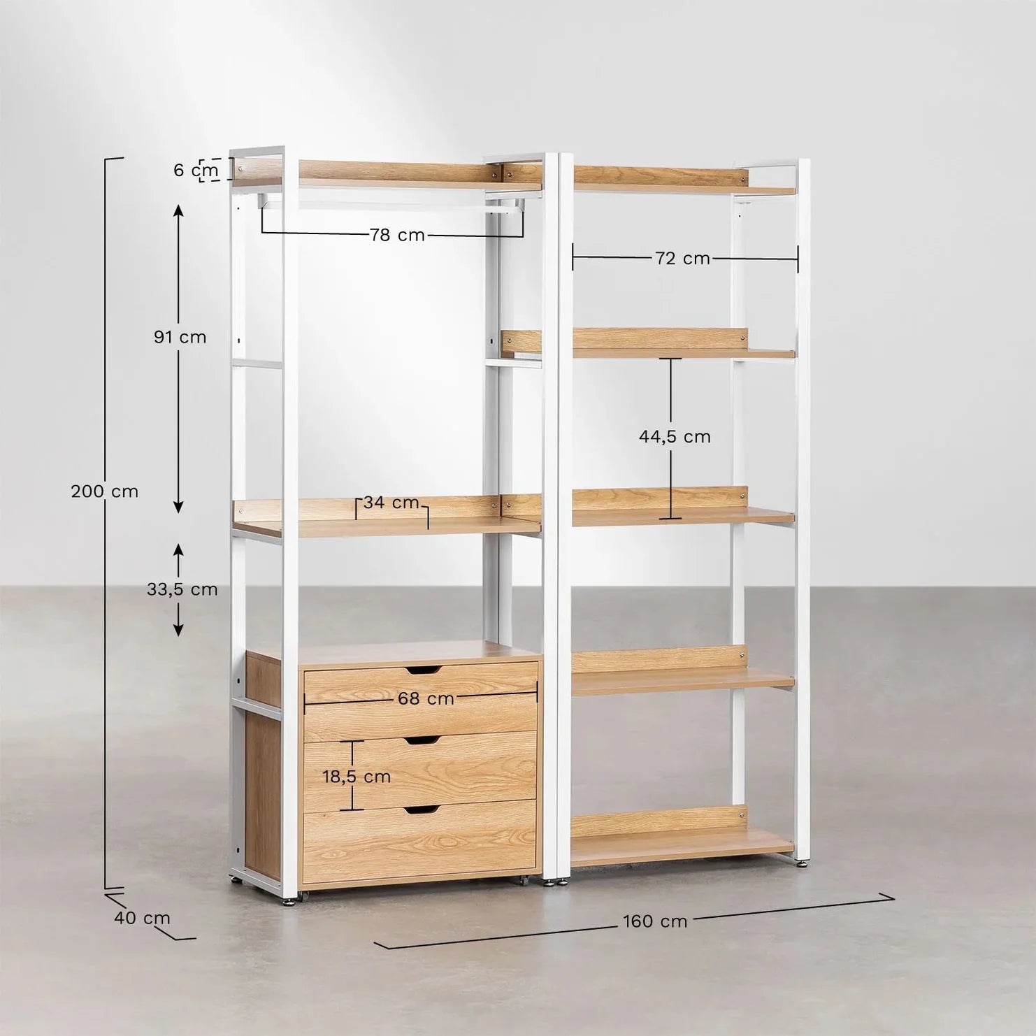 Linea Open Modular Wardrobe 2-Piece with Drawers and Shelving in Steel and Wood - Light White