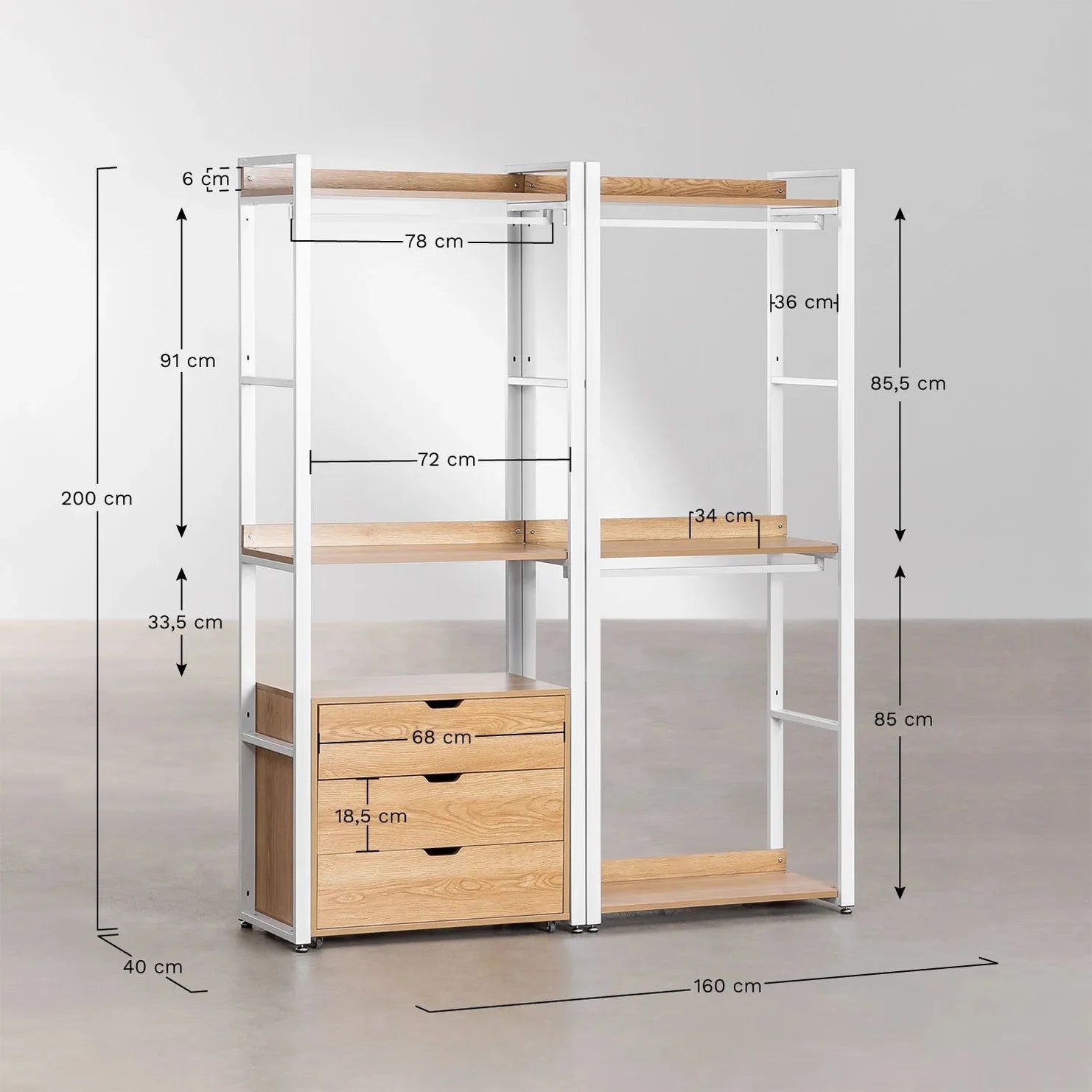 Linea Open Modular Wardrobe 2-Piece with Steel and Wood Drawers - Dark Black