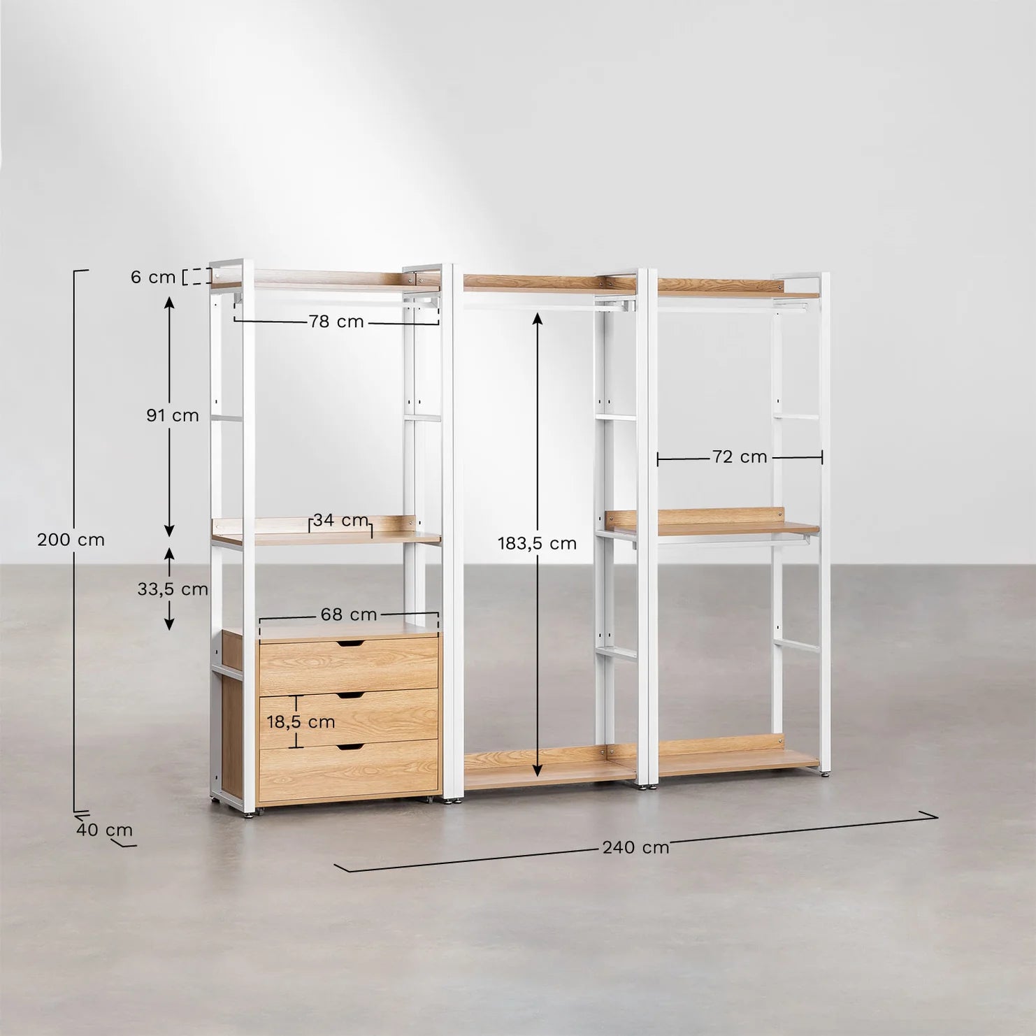 Linea Open Modular Wardrobe with 3 Pieces and Drawers in Steel and Wood - Dark Black