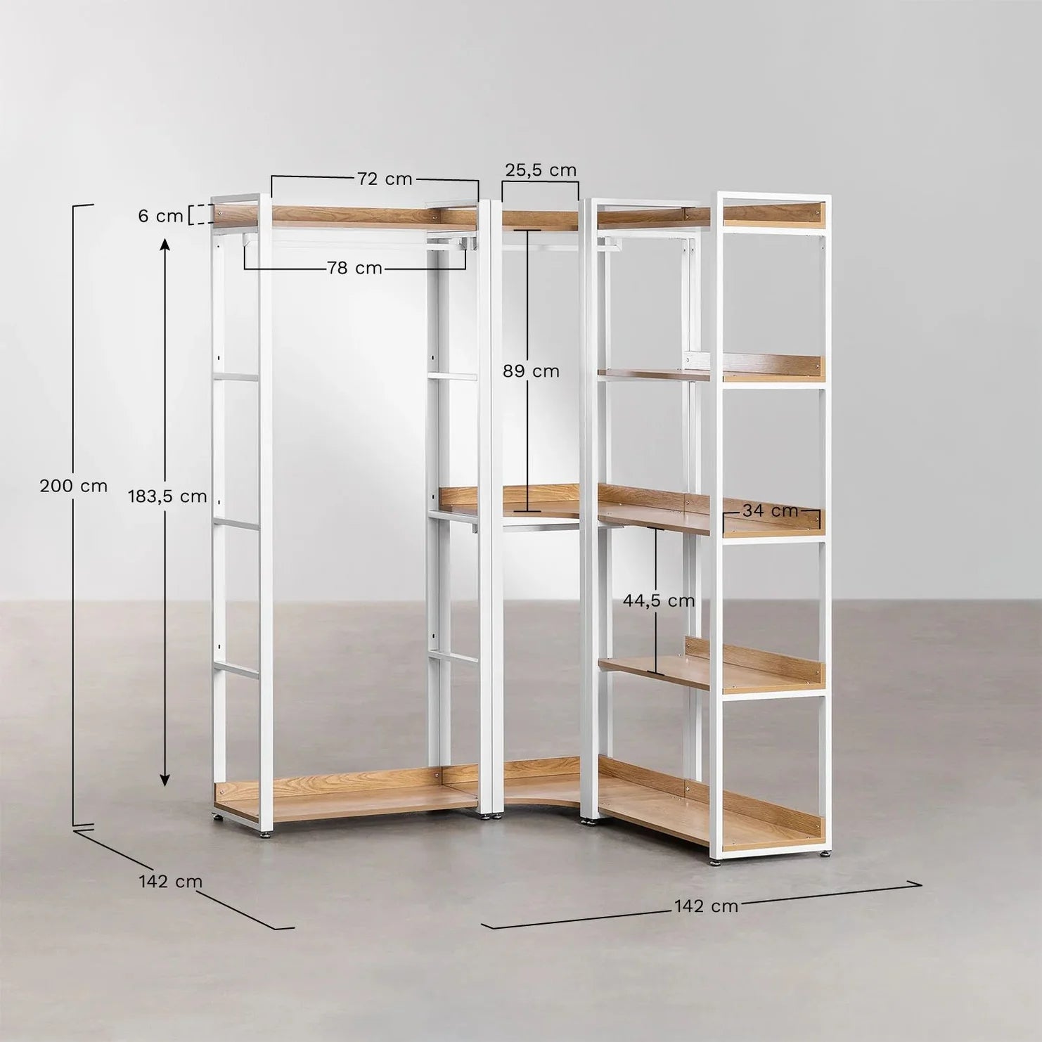 Linea Open Corner Modular Wardrobe 3-Piece with Steel and Wood Clothes Rack - Light White