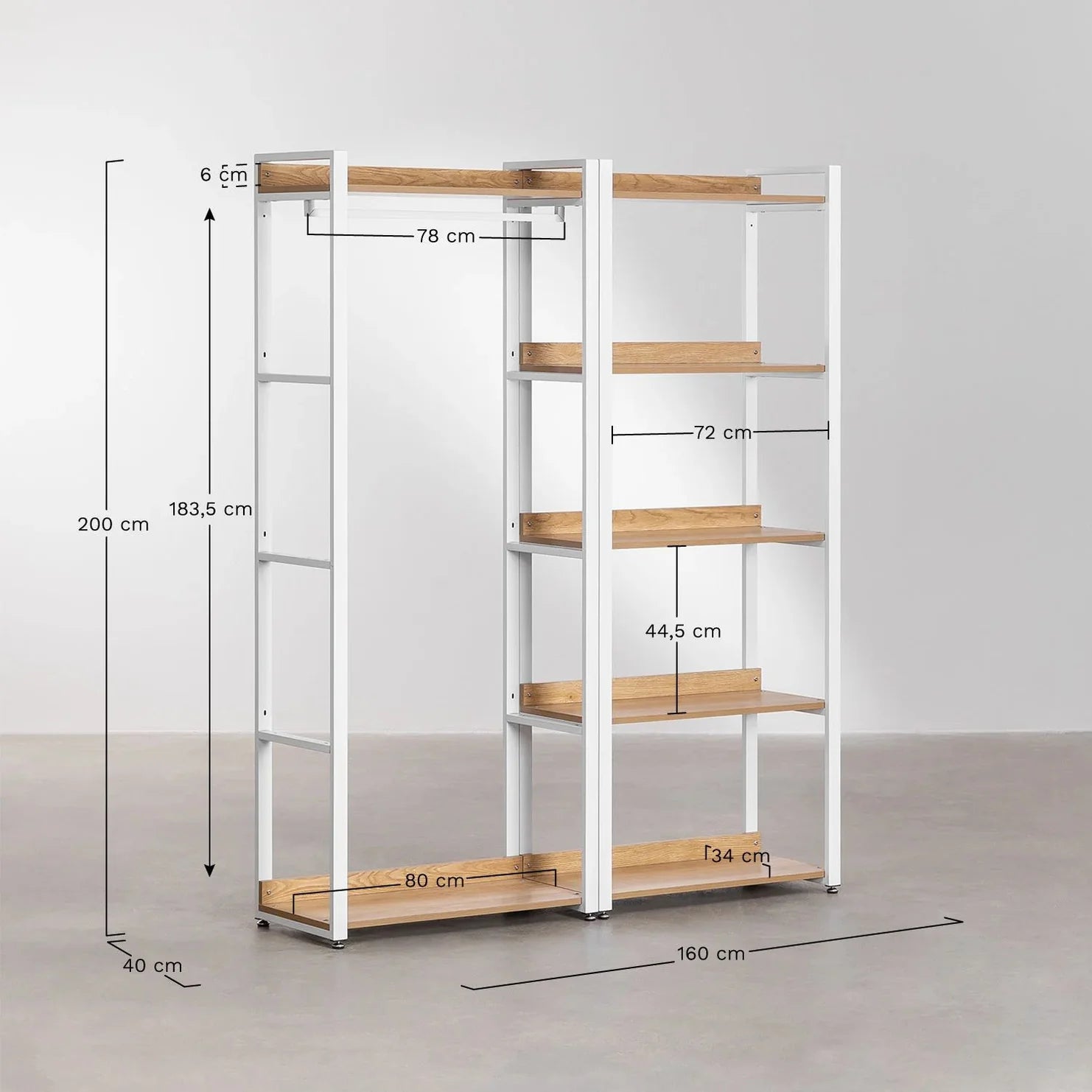 Linea Open Modular Wardrobe 2-Piece with Clothes Rack and Shelf in Steel and Wood - Light White