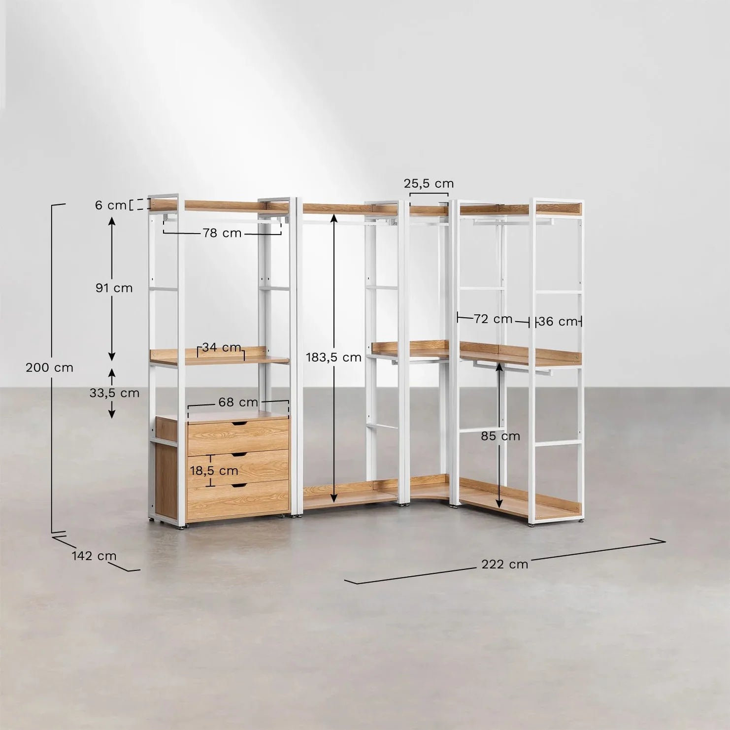 Linea Open Corner Modular Wardrobe with 4 Pieces in Steel and Wood - Light White